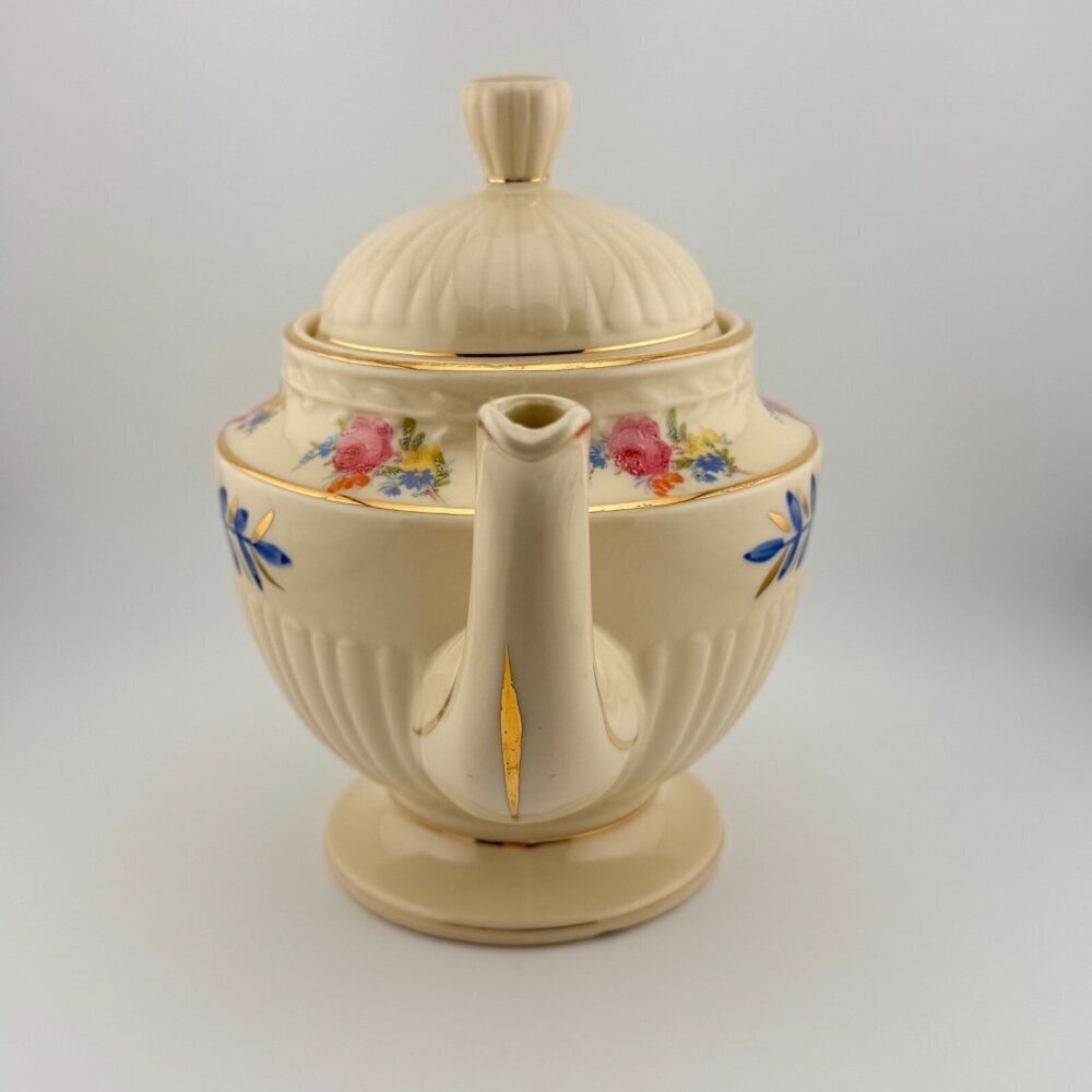 Vintage Shawnee Pottery Teapot USA | Hand Painted Blue Gold Floral - Picture 2 of 7